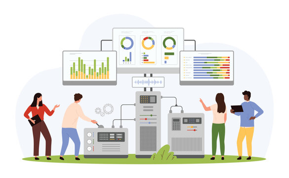 Benchmarking process, technical monitoring automation. Tiny people compare marketing results and progressive indicators of best product with cloud system of servers cartoon vector illustration
