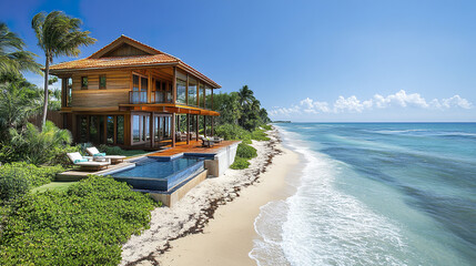 Fototapeta premium Luxurious oceanfront property with stunning views and serene beach setting