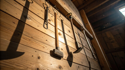 Old metal tools hanging on rustic wooden wall, sunlight casting dramatic shadows, vintage workshop atmosphere, warm and nostalgic mood