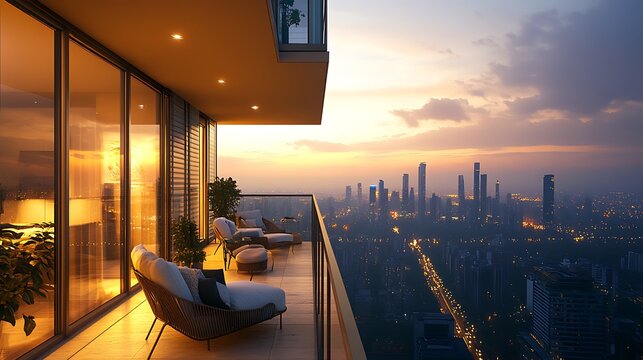 A modern high-rise home balcony during sunset, wrapped in soft golden light, with glass railing, cozy chairs and a city skyline dotted with lights as evening approaches