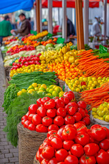 Obraz premium Fresh red tomatoes in a wooden basket surrounded by vibrant vegetables like carrots and radishes at a bustling market, showcasing organic produce and healthy eating