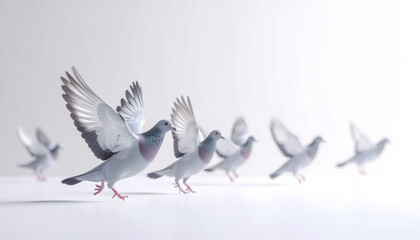 Obraz premium A flock of pigeons strolls on a flat surface; one looks up curiously, capturing their peaceful and intriguing nature.