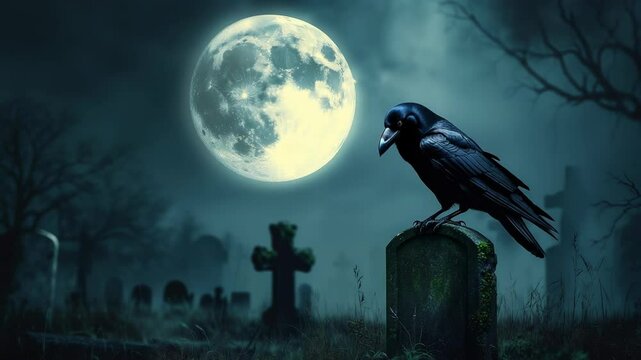 Mystical raven perched on gravestone under full moon in eerie graveyard
