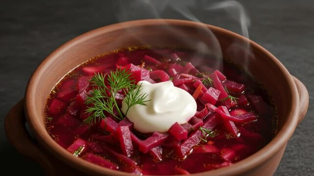 Traditional beetroot borscht soup served in clay bowl with sour cream  