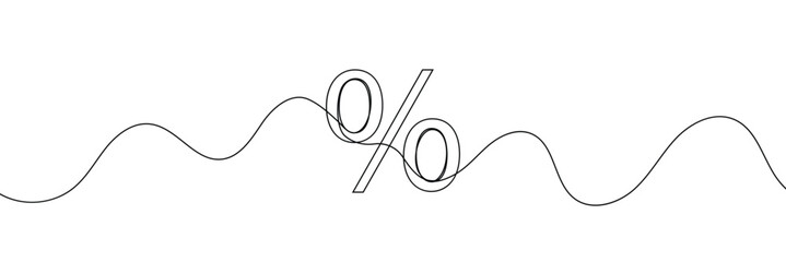 Percent sign one line art, continuous contour drawing, hand-drawn math financial symbol, minimalist design. Trendy template for web, presentation. Editable stroke. Isolated. Vector illustration.