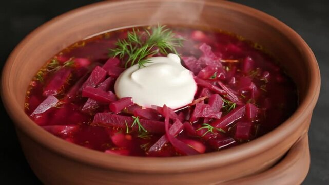 Freshly prepared beetroot borscht soup with sour cream in a clay bowl  