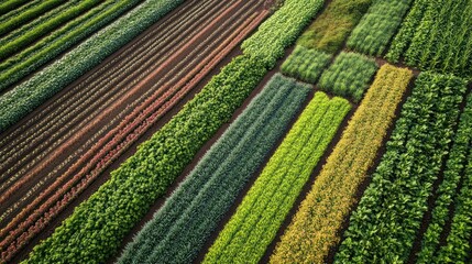 Aerial View of Vibrant Farmland: Rows of Diverse Crops