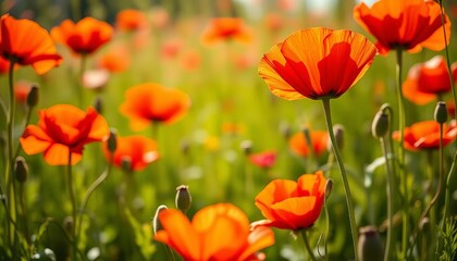 Fototapeta premium Close-up of vibrant red poppies blooming in a sunlit spring meadow, artistic, beauty
