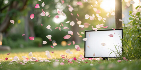 Falling pink and white flower petals swirl around blank screen in sunlit garden, creating dreamy, peaceful summer atmosphere