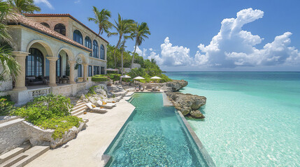 Fototapeta premium Luxurious oceanfront property with stunning pool and tropical landscape
