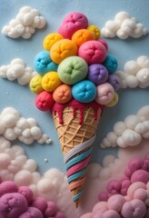 Dreamy Delights: Colorful Felted Cloud Ice Cream Cone in a Whimsical Sky