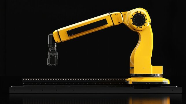 A yellow robotic arm with a black arm and a black hand, positioned on a black surface with a black background.