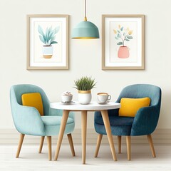 Cozy Interior: A meticulously designed space, featuring two inviting armchairs set around a quaint table, adorned with a delicate plant, artful decor, and overhead illumination