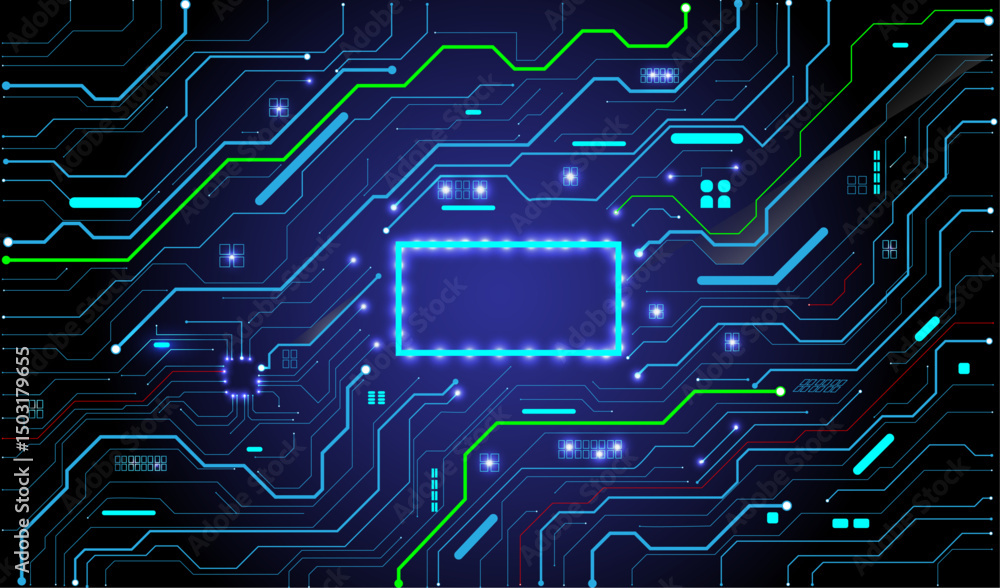 Aufkleber abstract glowing ai processor on digital circuit board background in futuristic style. light neon bl