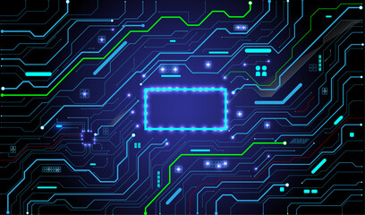 Abstract glowing AI processor on digital circuit board background in futuristic style. Light neon blue AI chip with bright light pixels