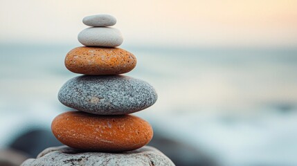 A stack of five pebbles on a rocky beach with a blurred ocean background.