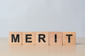 Close-up of wooden blocks spelling the word MERIT neatly arranged on a white surface. This image...