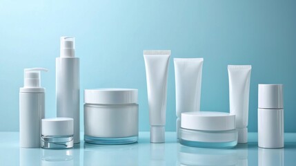 A collection of white skincare products on a blue background.