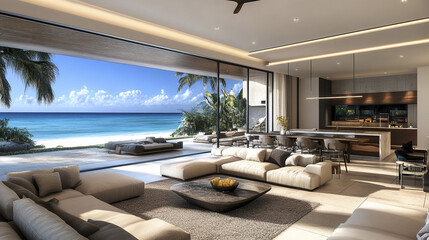 Fototapeta premium Luxurious oceanfront living room with modern design and stunning views of beach