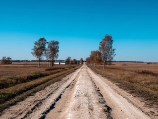 Rural journey along a dusty road serene countryside photo autumn landscape wide view tranquility and nature exploration