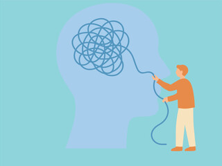 A person unraveling a tangled line inside a large blue human head silhouette, symbolizing mental clarity or problem-solving, minimalistic flat design, soft blue and orange colors, 