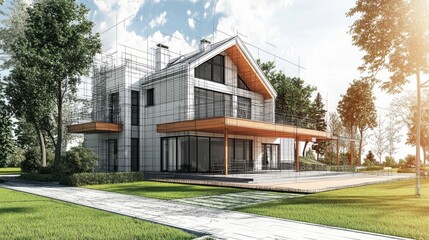 A modern, two-story house with a sloped roof and wooden accents, surrounded by lush greenery and a paved walkway.
