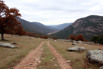 Exploring scenic mountain paths nature reserve landscape photography autumn colors overcast skies tranquil wilderness