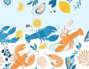 Obraz premium Seafood Delight Lobsters Oysters and Lemons in a Vibrant Culinary Pattern