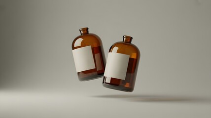 Two identical amber glass bottles hover in a muted gray studio setting with minimalist label design.