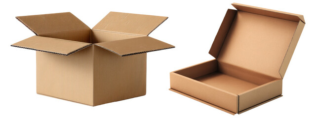 Set of brown cardboard boxes in different positions isolated on transparent background