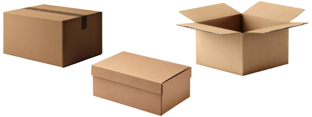 Set of three brown cardboard boxes in different positions isolated on transparent background