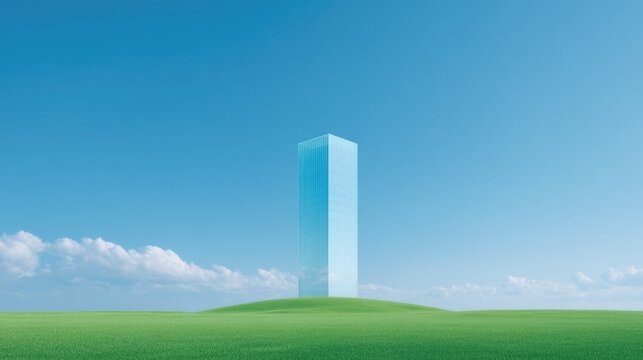 lone skyscraper designed as transparent glass monolith rises from green landscape artfully blending urban sophistication
