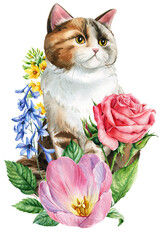 Watercolor fluffy cat with pink rose, spring tulip and blue delphinium flowers, botanical bouquet illustration