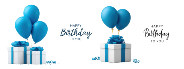 Blue birthday balloons and gift boxes with Happy Birthday text isolated on transparent background