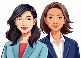 Obraz premium two Business and career woman, young asian woman vector, professional entrepreneur standing in office clothes illustration, white isolated