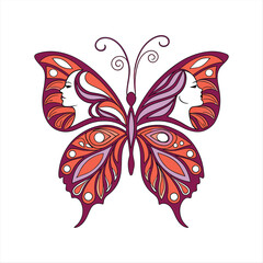 Decorative Butterfly with Woman Silhouette and Ornamental Wings in Warm Colors.