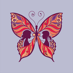 Decorative Butterfly with Woman Silhouette and Ornamental Wings in Warm Colors.