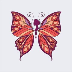 Decorative Butterfly with Woman Silhouette and Ornamental Wings in Warm Colors.