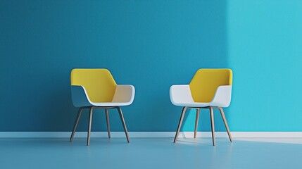 Two modern, minimalist chairs with yellow and white upholstery against a blue wall.