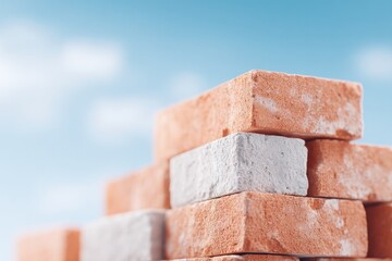 Obraz premium neatly arranged stack of bricks at construction site under bright clear sky