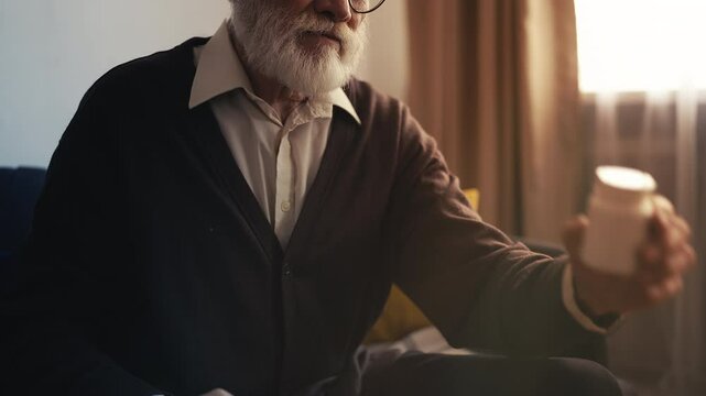 Senior male putting on eyeglasses and reading medication information on bottle