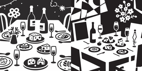 Vector graphic of a black and white table setting for food and wine.