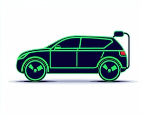 Electric car icon in green outline on white, minimalist ecotransport concept