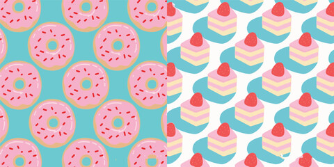 Seamless patterns vector of pink frosted donuts with sprinkles and layered cake slices with strawberries.