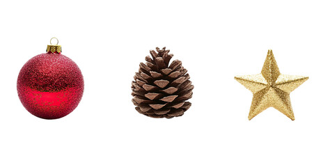 Christmas ornaments - shiny red bauble, golden star, and pine cone decoration. Each element on a white background
