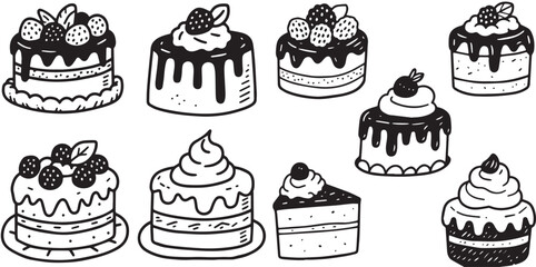 Several hand-drawn doodle vector illustrations of various cakes and desserts, featuring frosting, berries, and drizzles, outlined in black on a white background.