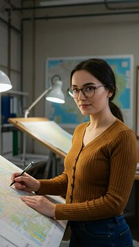 A young Caucasian woman in glasses, dressed in a brown cardigan, stands at a drafting table in a map design studio, focusing intently on map planning.