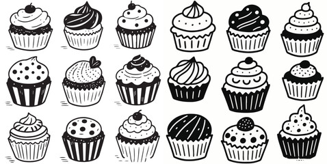 A black and white vector  illustration shows an assortment of cupcakes, each with a unique frosting design and decorative toppings.