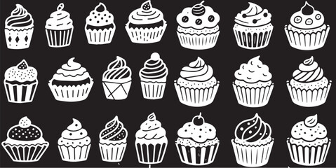 A repeating pattern vector of white outlined cupcakes with various frosting designs on a solid black background.