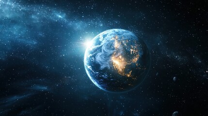 The Earth, a blue planet with a glowing light, is surrounded by a starry space backdrop.
